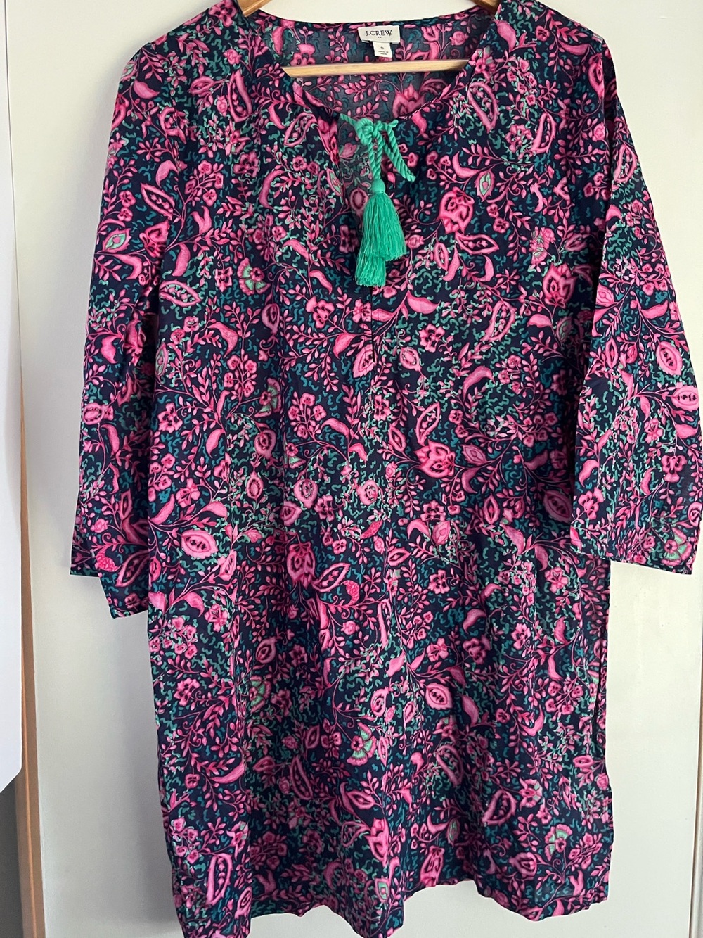 J.Crew Printed Beach Tunic Swim Cover Up Pink Navy Floral Boho Paisley Tassel S